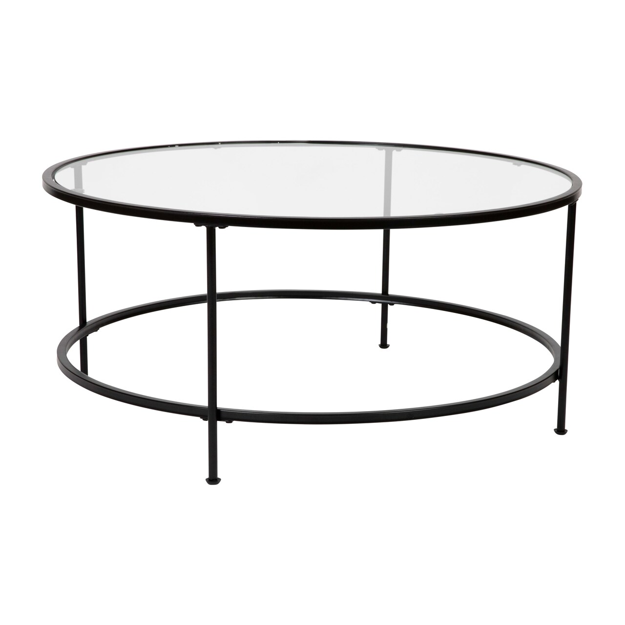 Merrick Lane Newbury Glass Coffee Table with Round Matte Gold Frame and Vertical Legs